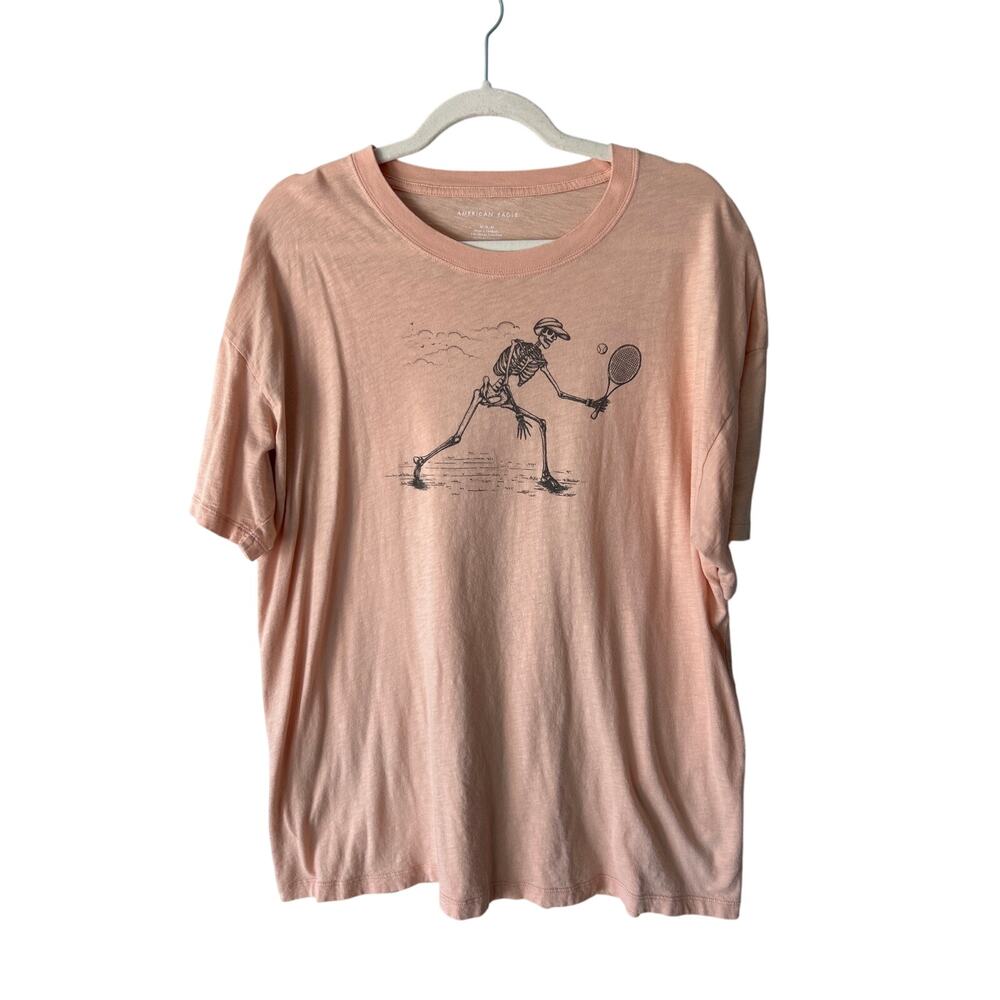 American Eagle Skeleton Playing Tennis Graphic Short Sleeve Tee Pink Peach M